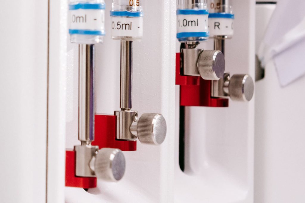 A close up photograph of the Syrris Asia syringes on the Syringe Pump