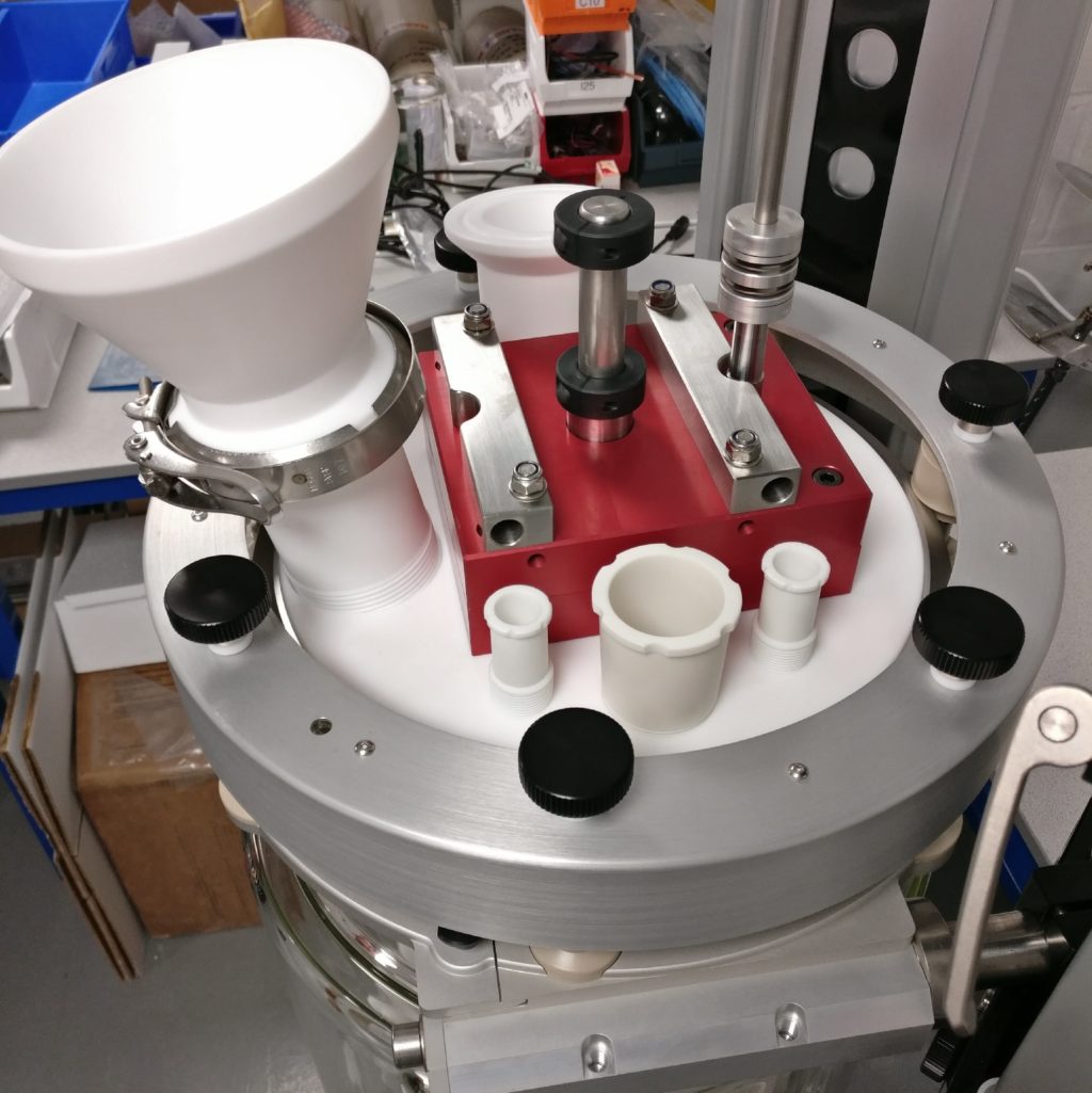 The final production gearbox, enabling stirrer speed conversion at a ratio of 5:1. A flexible joint in the stirrer shaft was added to the design to offer some tolerance in stirrer motor alignment with the gearbox