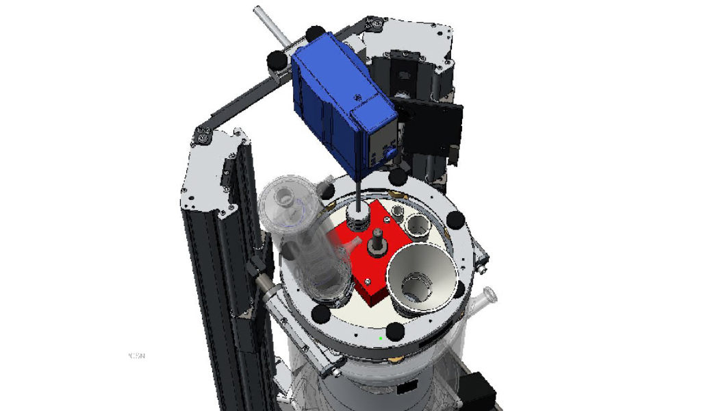 A CAD drawing of the gearbox assembly that converts stirring speed from the motor at a ratio of 5:1