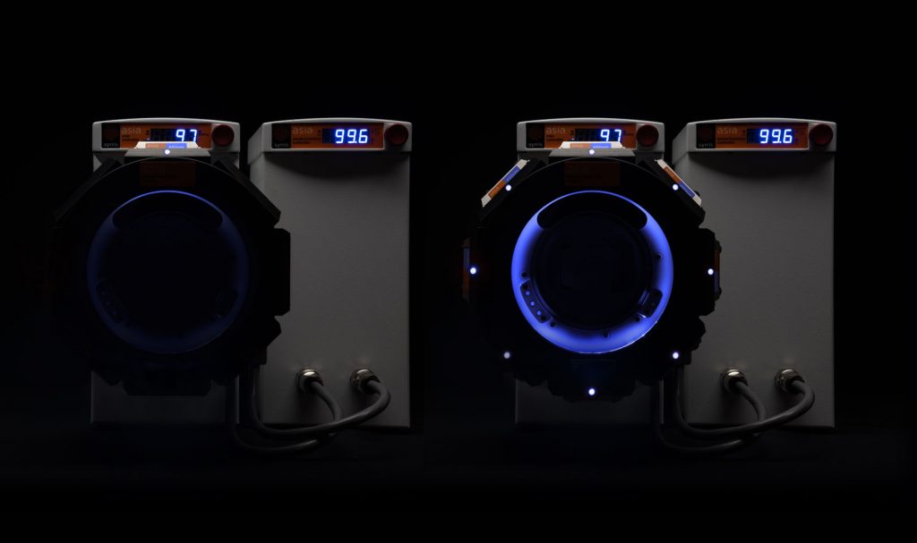 Syrris Asia Photochemistry Reactor, showing one module vs eight LED modules connected